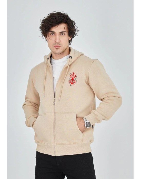 Baskılı Tam Fermuarlı Kapşonlu SweatShirt - Bej