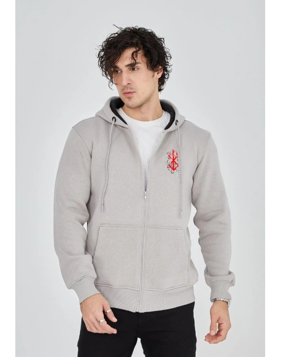 Baskılı Tam Fermuarlı Kapşonlu SweatShirt - Boyalı Gri
