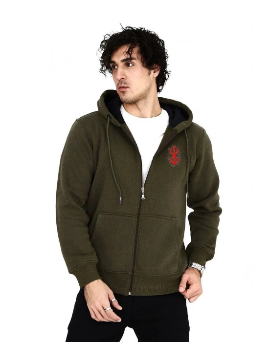 Baskılı Tam Fermuarlı Kapşonlu SweatShirt - Haki -