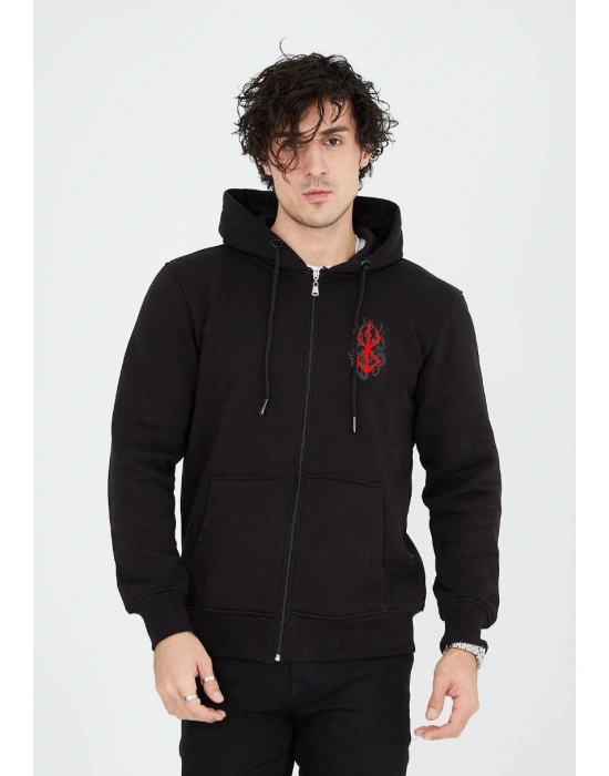 Baskılı Tam Fermuarlı Kapşonlu SweatShirt - Siyah -