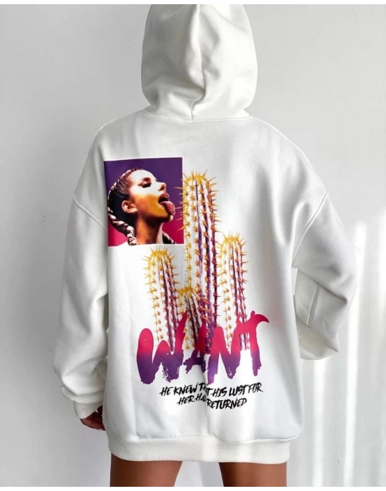 Baskılı Üç İplik Kapüşonlu Oversize Sweatshirt - Beyaz -