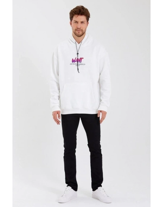 Baskılı Üç İplik Kapüşonlu Oversize Sweatshirt - Beyaz -