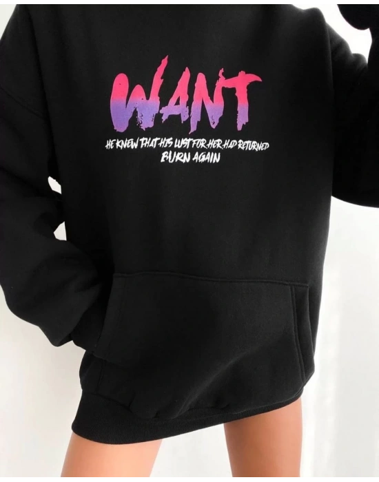 Baskılı Üç İplik Kapüşonlu Oversize Sweatshirt - Siyah -