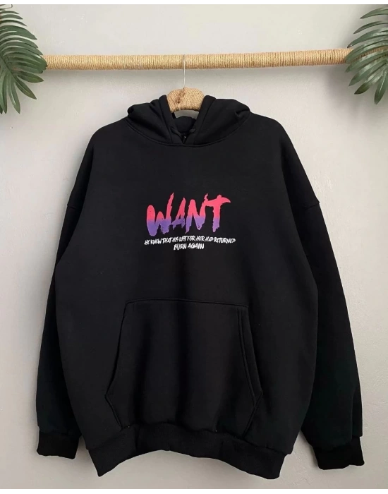 Baskılı Üç İplik Kapüşonlu Oversize Sweatshirt - Siyah -