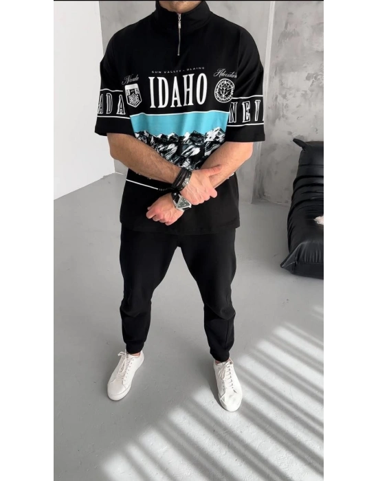 Baskılı Yarım Fermuarlı T-Shirt - Siyah -