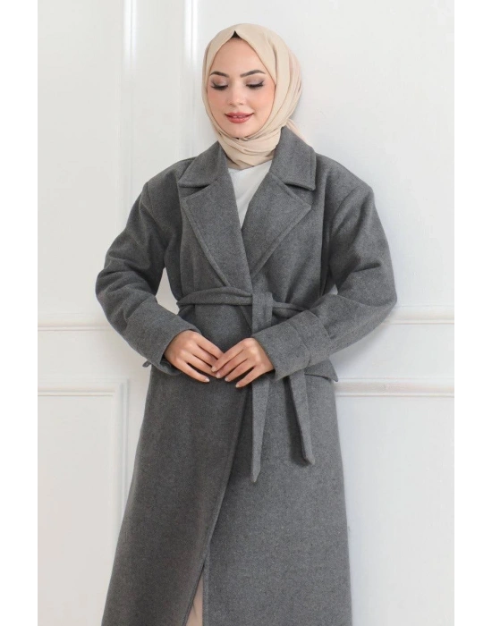 Beli Kuşaklı Yünlü Dokuma Kaşmir Kaban - Gri