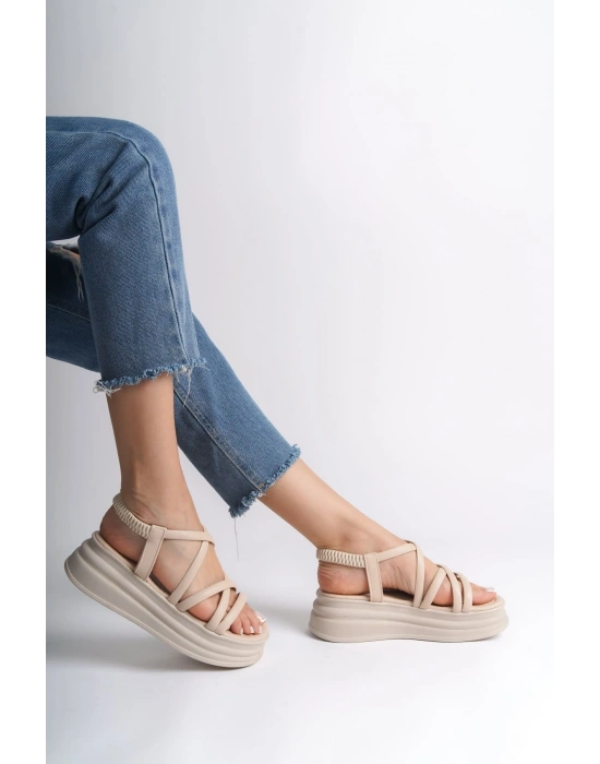 BELLA Lastikli Şerit Detaylı Ortopedik Taban Kadın Sandalet CKT - Krem