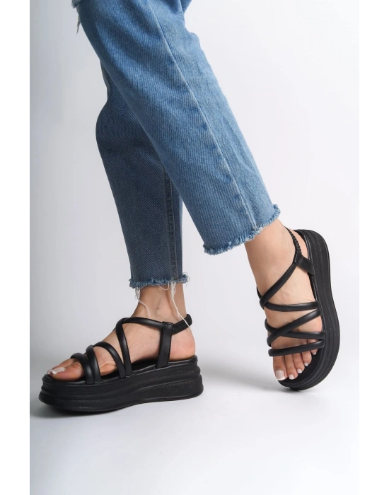 BELLA Lastikli Şerit Detaylı Ortopedik Taban Kadın Sandalet CST - Siyah