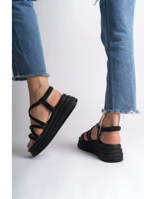 BELLA Lastikli Şerit Detaylı Ortopedik Taban Kadın Sandalet CST - Siyah