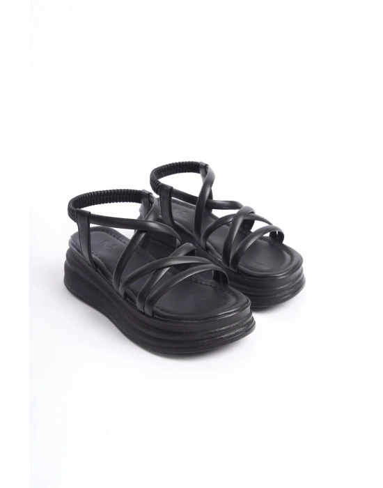 BELLA Lastikli Şerit Detaylı Ortopedik Taban Kadın Sandalet CST - Siyah