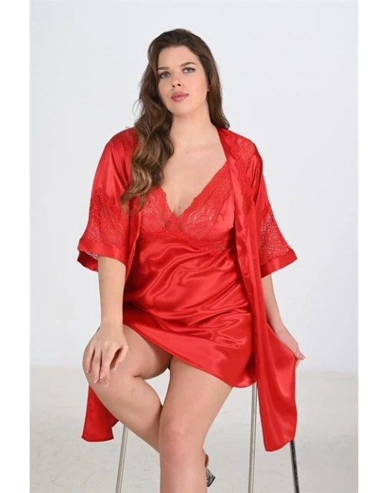 Bicomi 2li Kırmızı Sabahlık Takımı Bigsize 6207