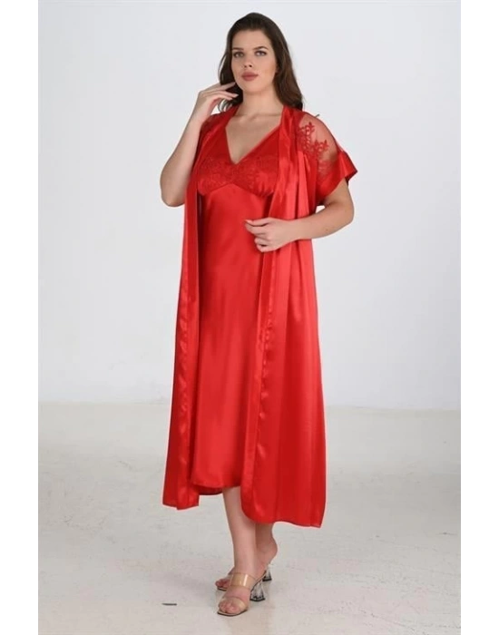 Bicomi 2li Kırmızı Sabahlık Takımı Bigsize 6226