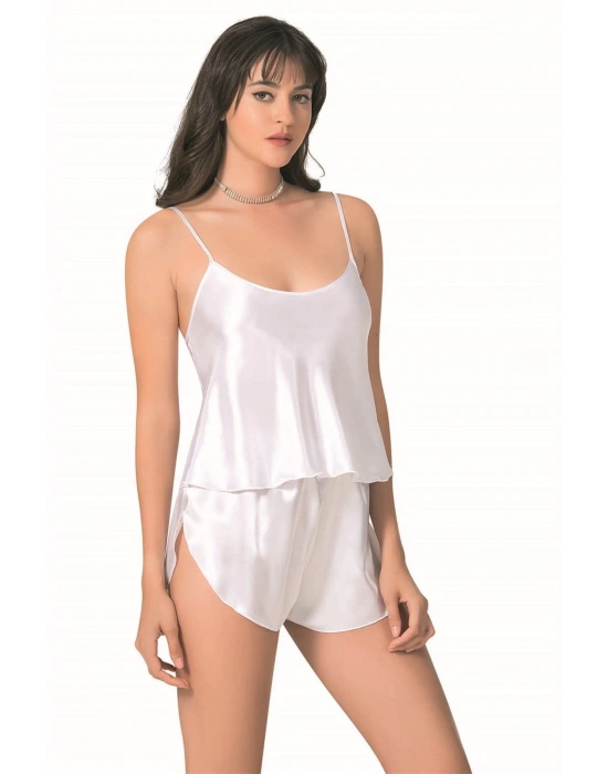 Bicomi Beyaz Saten Babydoll Şort Takımı