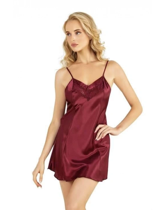 Bicomi Bordo Kısa Saten Gecelik 8231