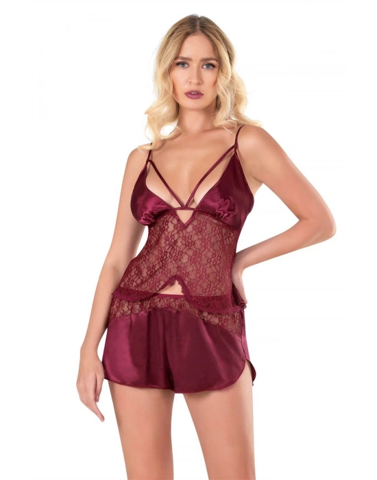 Bicomi Bordo Saten Babydoll Şort Takımı