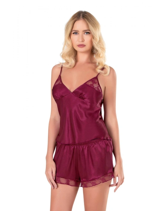 Bicomi Bordo Saten Babydoll Şort Takımı