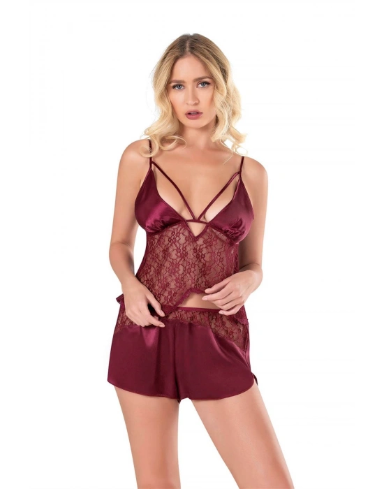 Bicomi Bordo Saten Babydoll Şort Takımı