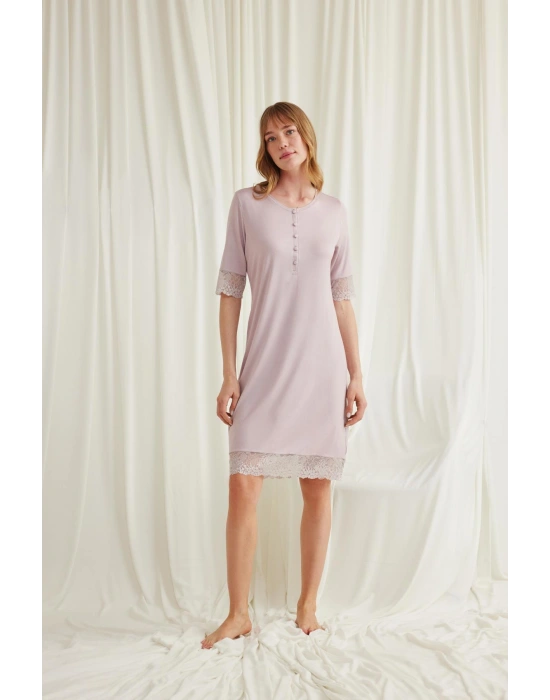 Bicomi Dantel Detaylı Kısa Kollu ve Önü Düğmeli Gecelik