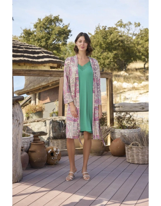 Bicomi Etnik Deseni ve Dantelli Sabahlık Takımı