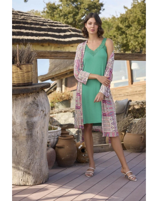 Bicomi Etnik Deseni ve Dantelli Sabahlık Takımı