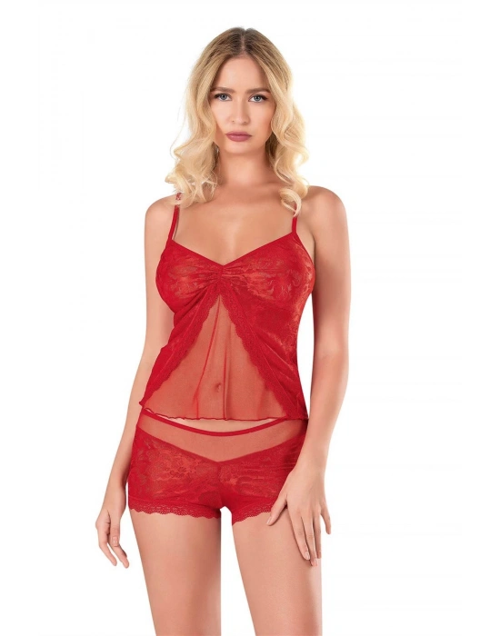 Bicomi Kırmızı Jakarlı Babydoll Şort Takımı