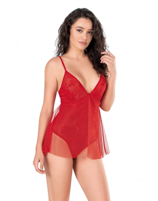 Bicomi Kırmızı Jakarlı Bodysuit Gecelik