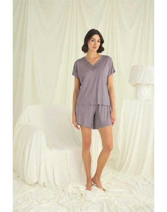 Bicomi Kısa Kollu Dantelli V Yaka Şort Takımı