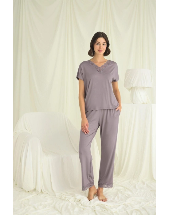 Bicomi Kısa Kollu V Yakalı Dantelli Pijama Takımı