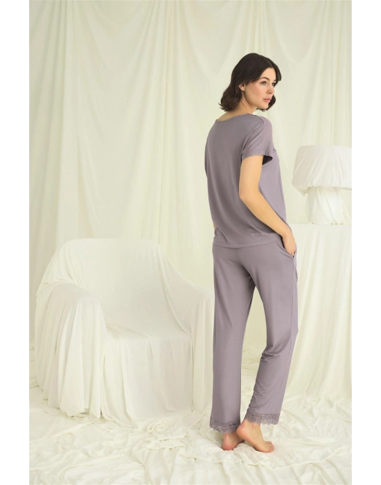 Bicomi Kısa Kollu V Yakalı Dantelli Pijama Takımı