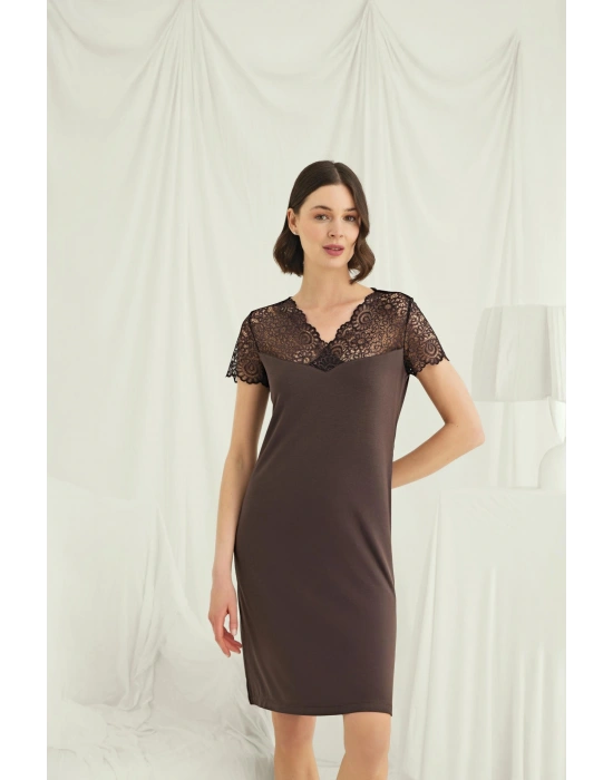 Bicomi Kısa Kollu ve Dantelli V Yaka Gecelik