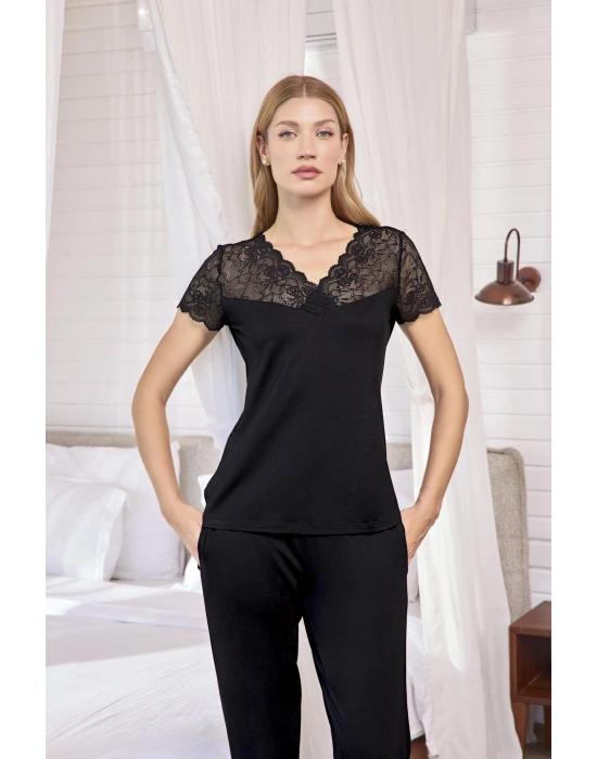 Bicomi Kısa Kollu ve Dantelli V Yaka Pijama Takımı