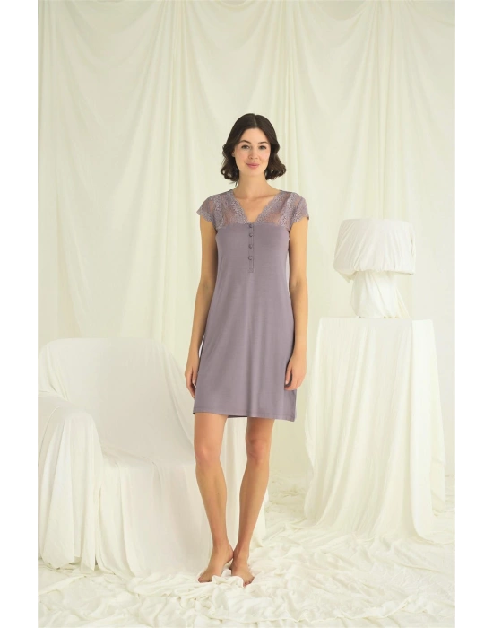 Bicomi Kolu Omzu ve Yakası Dantelli Önü Düğmeli Gecelik