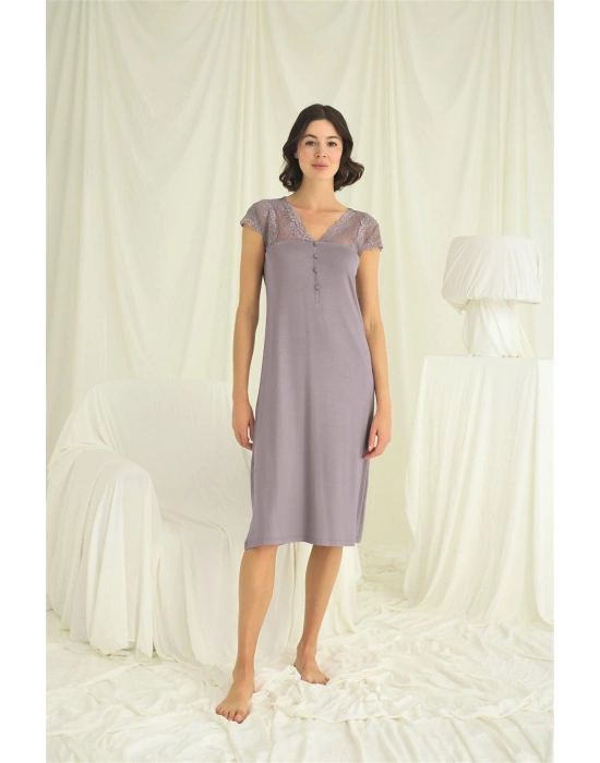 Bicomi Kolu Omzu ve Yakası Dantelli Önü Düğmeli Gecelik