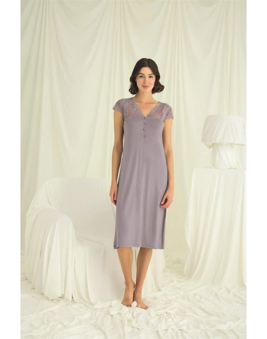 Bicomi Kolu Omzu ve Yakası Dantelli Önü Düğmeli Gecelik