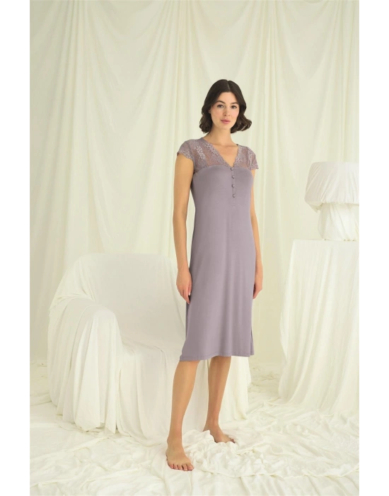 Bicomi Kolu Omzu ve Yakası Dantelli Önü Düğmeli Gecelik