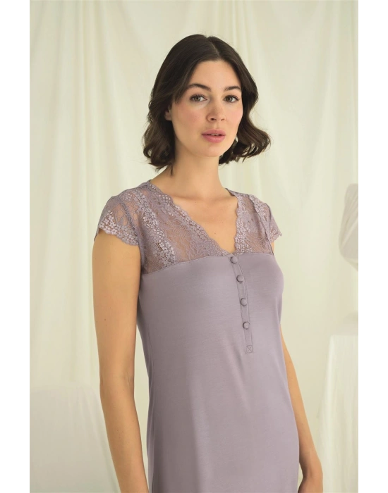 Bicomi Kolu Omzu ve Yakası Dantelli Önü Düğmeli Gecelik