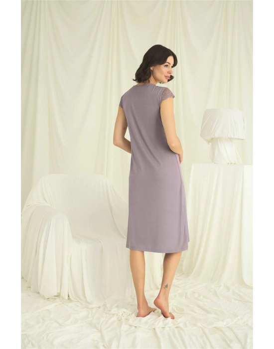 Bicomi Kolu Omzu ve Yakası Dantelli Önü Düğmeli Gecelik