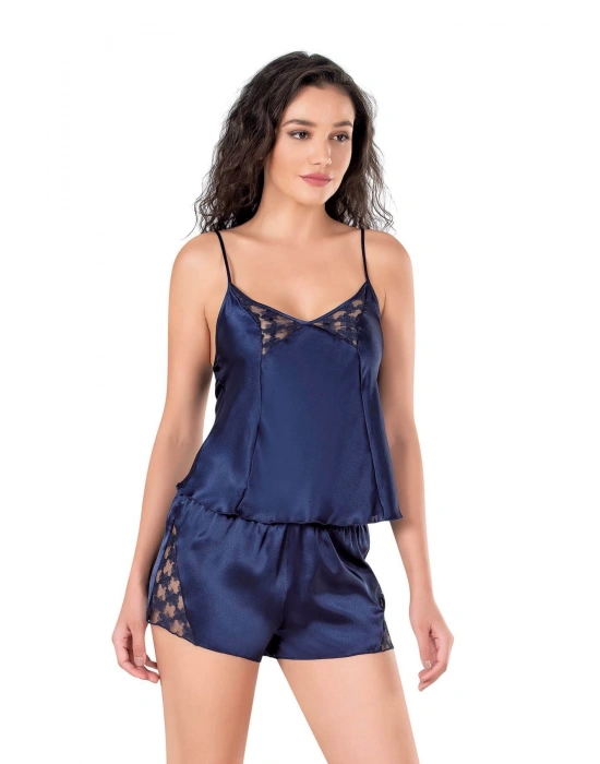 Bicomi Lacivert Saten Babydoll Şort Takımı