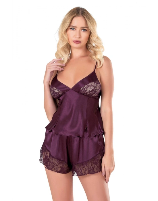 Bicomi Mürdüm Saten Babydoll Şort Takımı