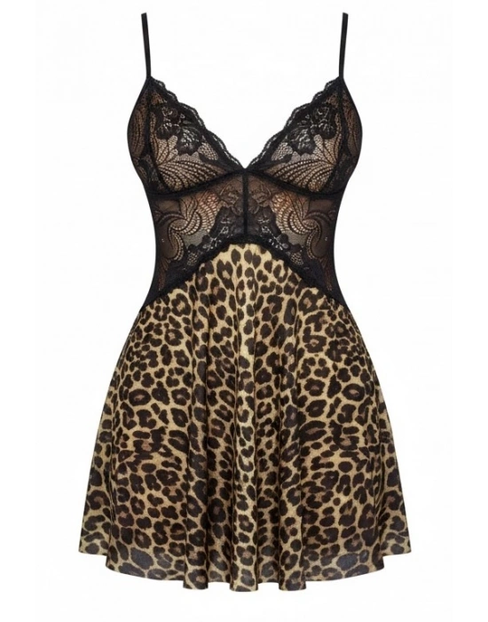 Bicomi Özel Tasarım Leopar Desenli İnce Askılı Dantel İşlemeli Göğüs Dekolteli Mini Gecelik