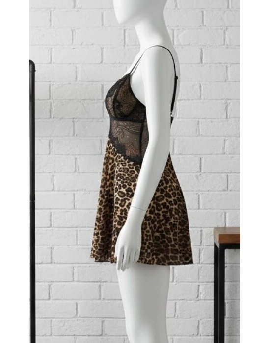 Bicomi Özel Tasarım Leopar Desenli İnce Askılı Dantel İşlemeli Göğüs Dekolteli Mini Gecelik