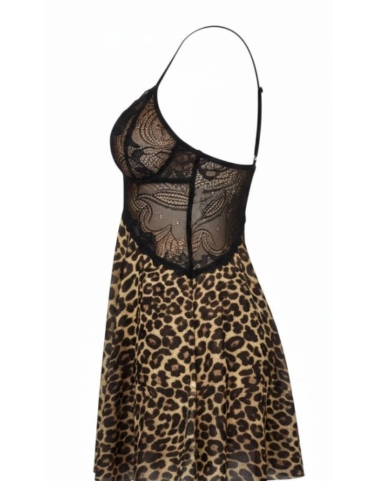 Bicomi Özel Tasarım Leopar Desenli İnce Askılı Dantel İşlemeli Göğüs Dekolteli Mini Gecelik
