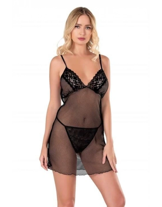 Bicomi Siyah Kısa File-Tül Gecelik 8124