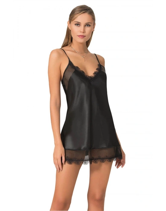 Bicomi Siyah Kısa Saten Gecelik