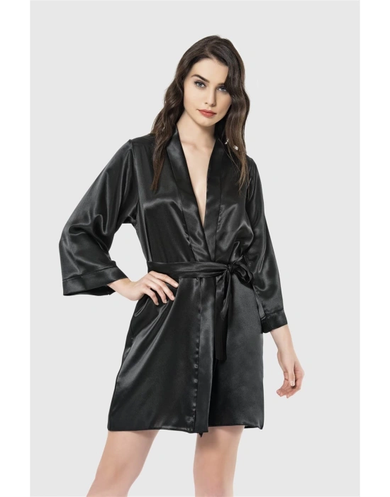 Bicomi Siyah Kısa Saten Sabahlık