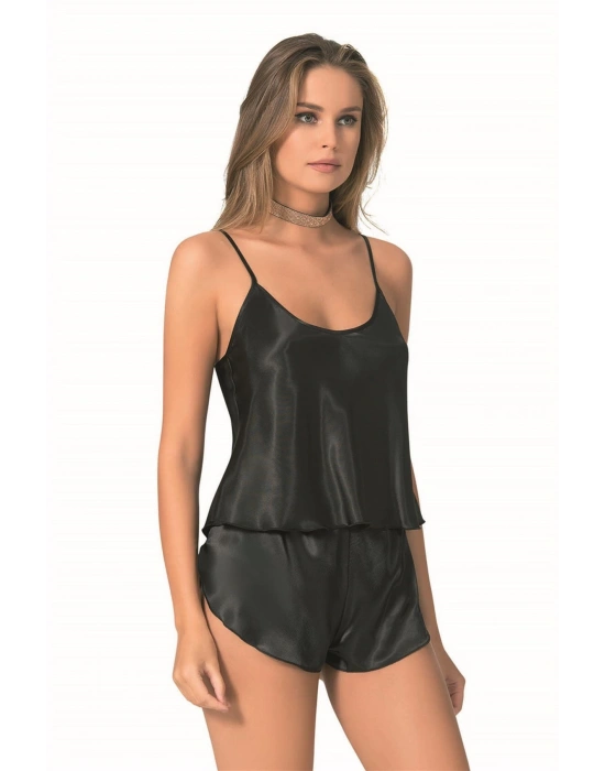 Bicomi Siyah Saten Babydoll Şort Takımı