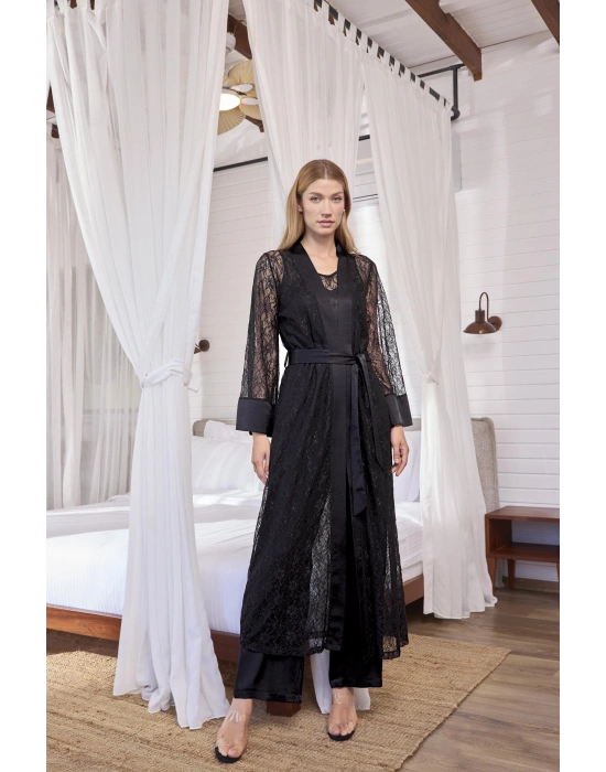 Bicomi Uzun Kollu Dantelli ve Kuşaklı Sabahlık