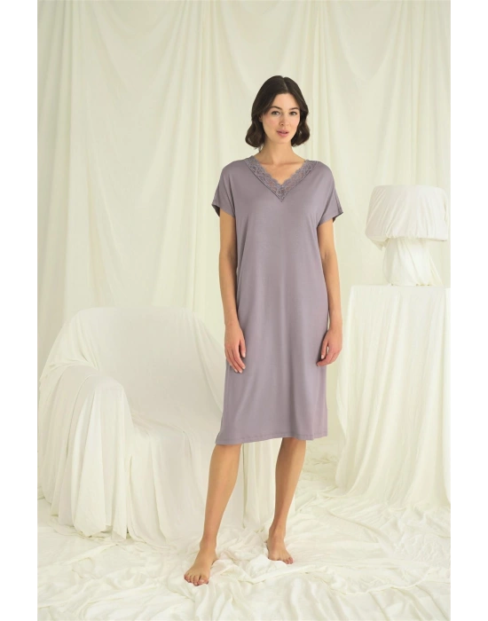 Bicomi Yakası Dantelli Kısa Kollu Gecelik