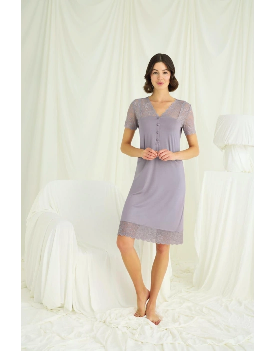 Bicomi Yakası Kolu ve Omzu ve Eteği Dantelli Önü Düğmeli Gecelik