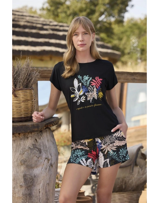 Bicomi Yaprak Desenli ve Baskılı o Segredo e se Permitir Florescer Şort Takımı